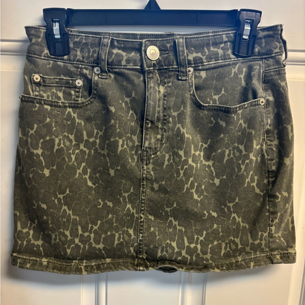 American Eagle Outfitters Olive Animal Print Denim Mini Skirt